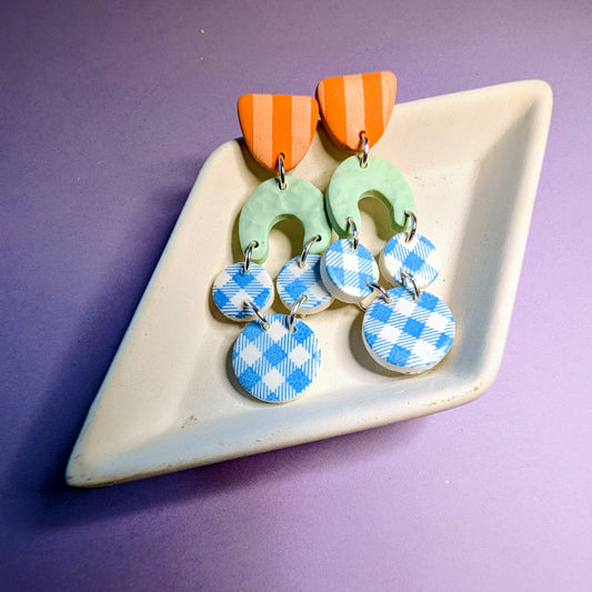 Orange, mint, and light blue mixed pattern pastel dangle earrings