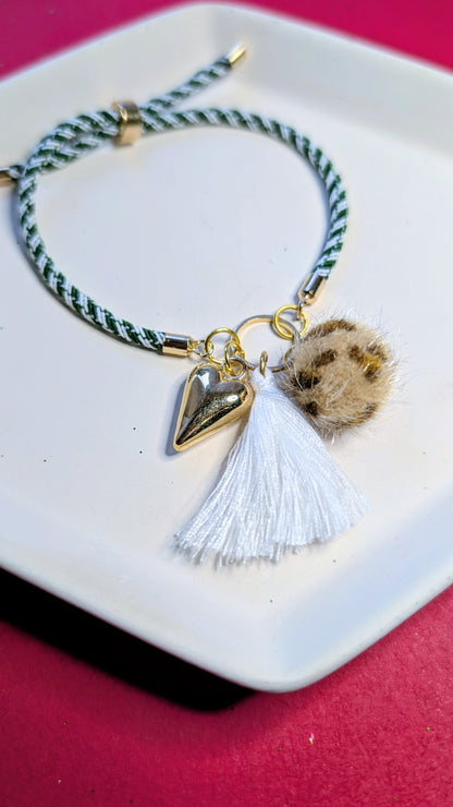 Green tassel adjustable charm bracelet