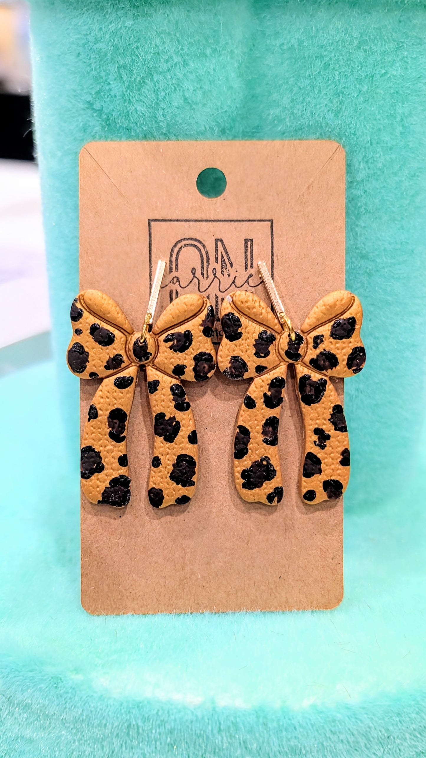 Hand painted Leopard bows polymer clay statement dangle earrings