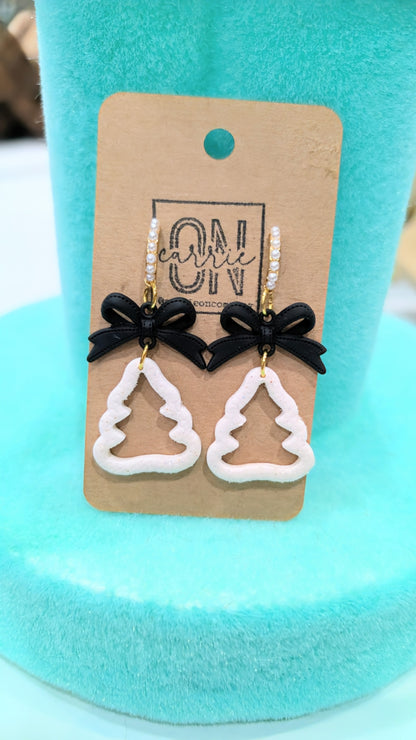 Black and white Christmas tree and bow dangle earrings
