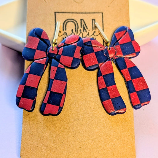 Checkered Bow Dangle Earrings - custom colors on request
