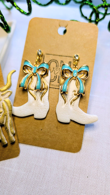 Polymer clay boots and bows dangle earrings