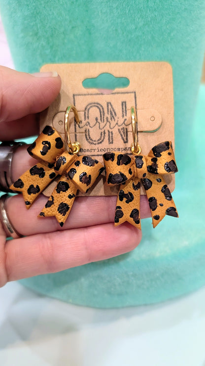 Hand painted Leopard bows polymer clay statement dangle earrings